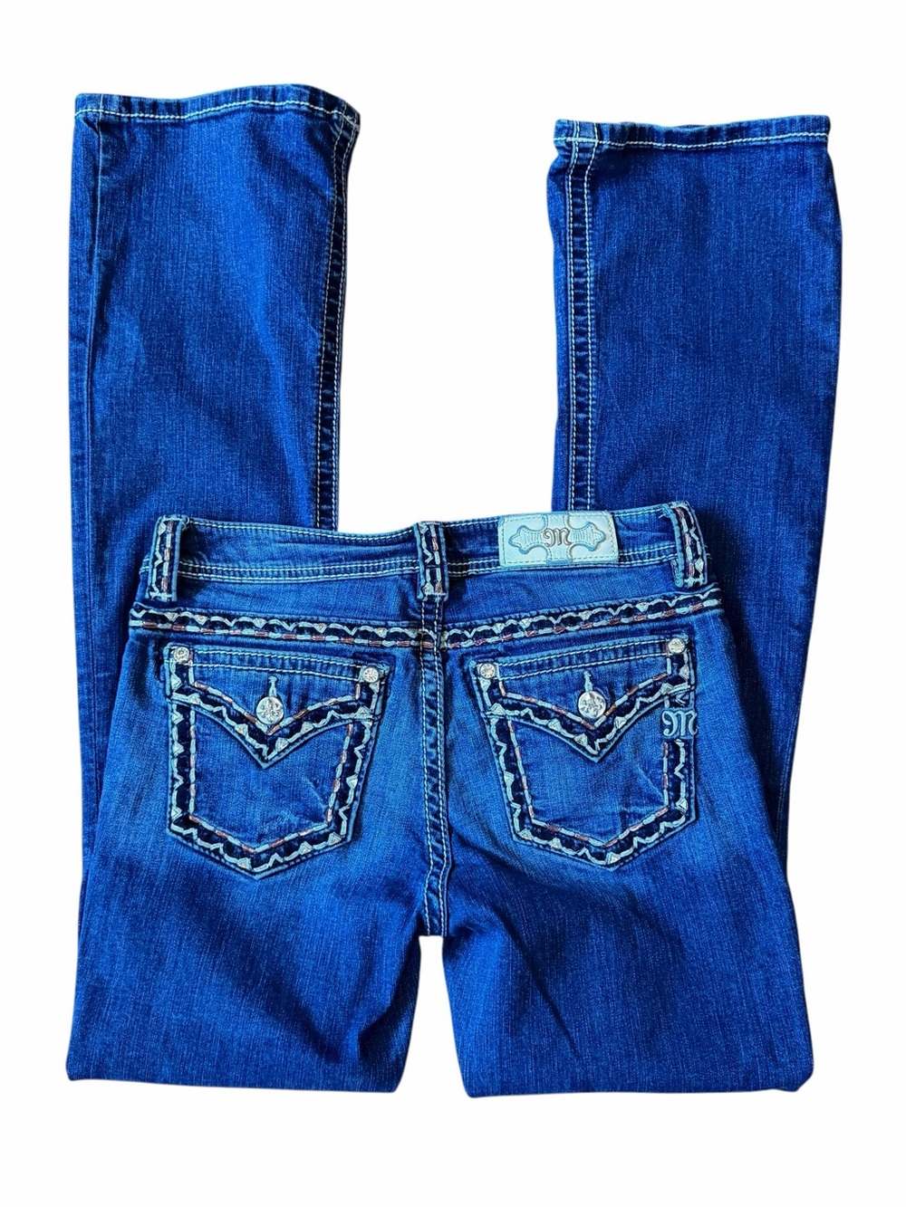Miss Me Y2K Bootcut Jeans Sz 28x32 Low Rise Dark Wash Western Cowboy Embroidered - Picture 2 of 11